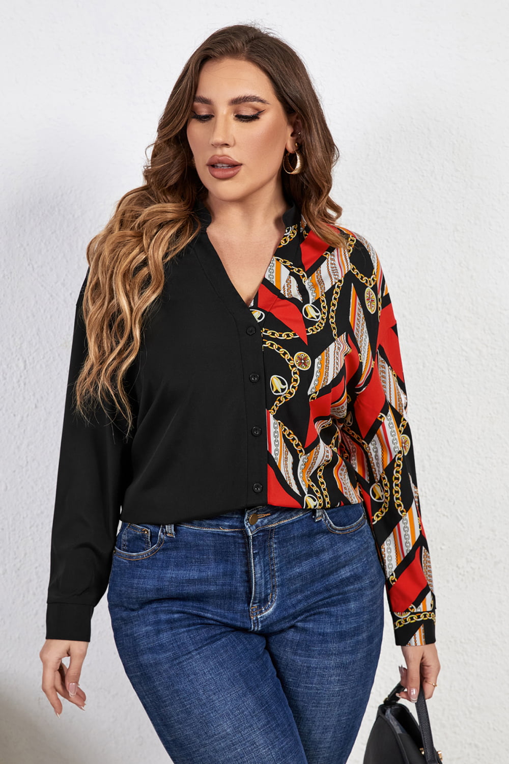 Honey Melo Apparel Plus Size Contrast Color Notched Neck Shirt