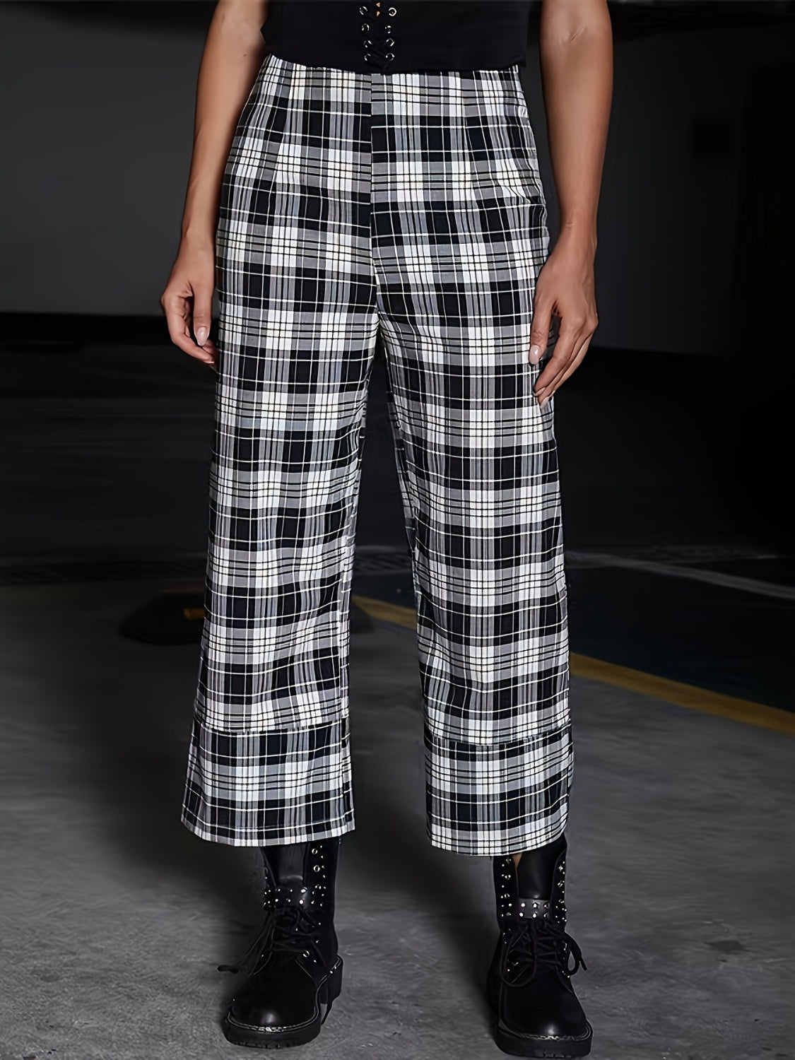 Full Size Plaid High Waist Pants