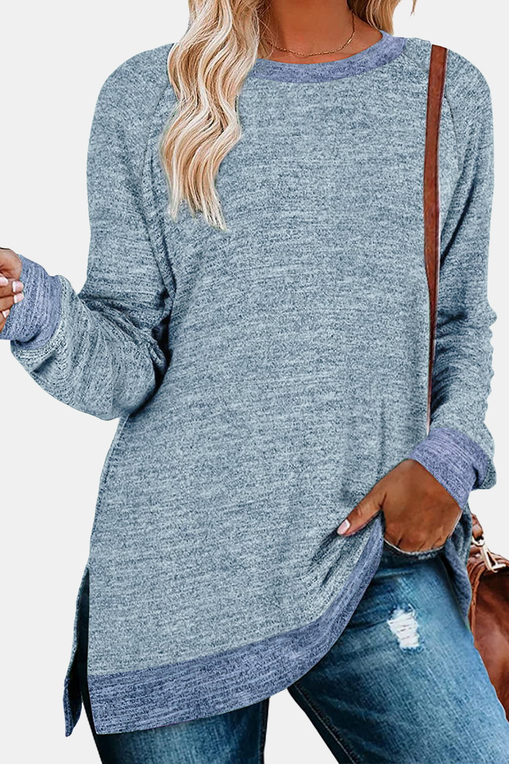 Round Neck Long Sleeve Slit T-Shirt