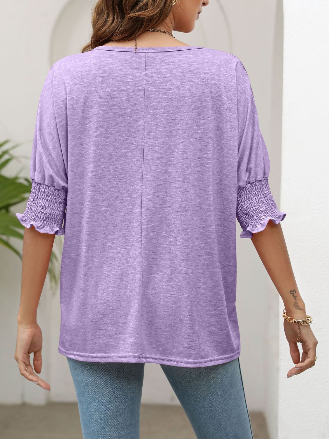 Smocked Flounce Sleeve Round Neck T-Shirt