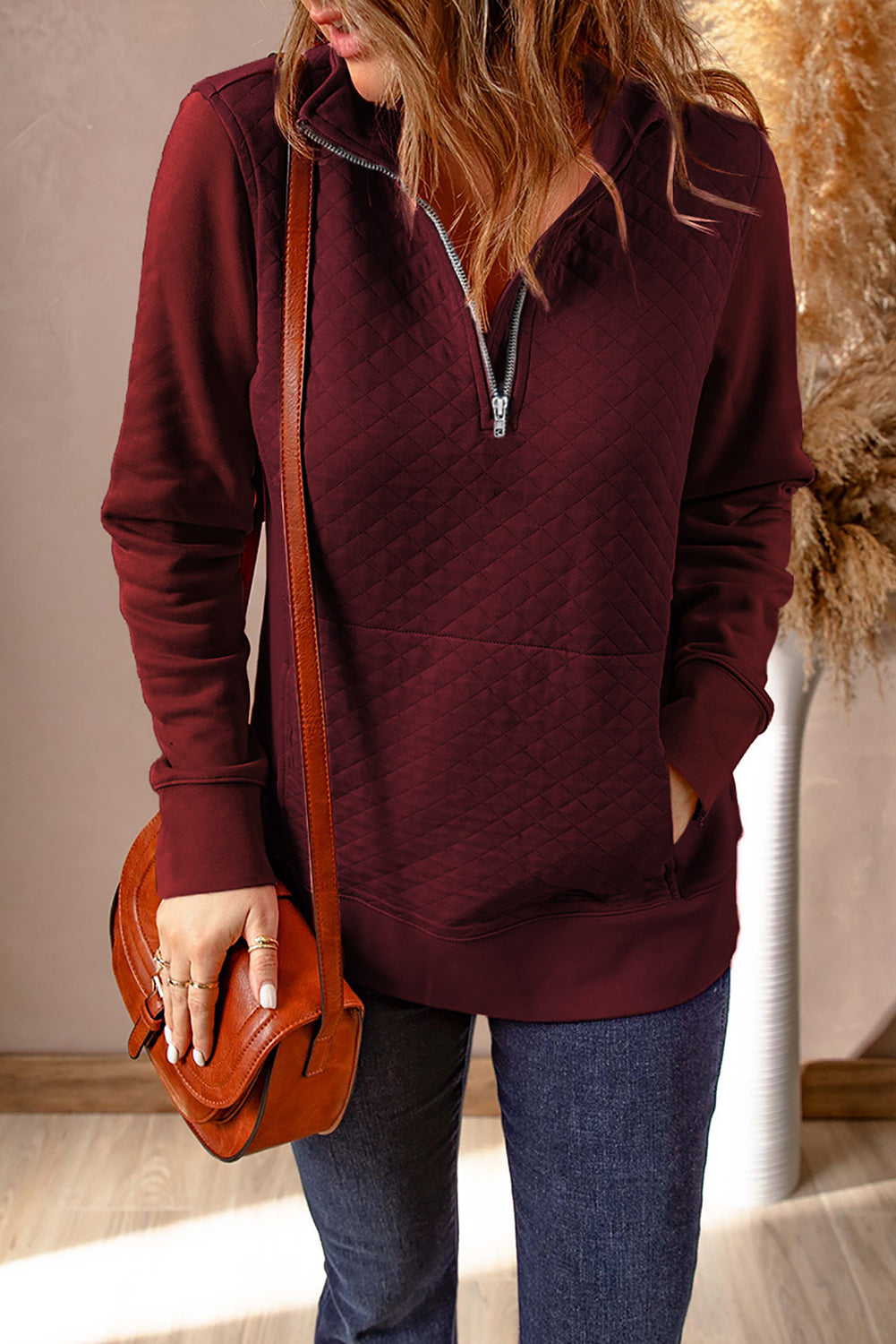 Quarter-Zip Quilted Sweatshirt with Kangaroo Pocket