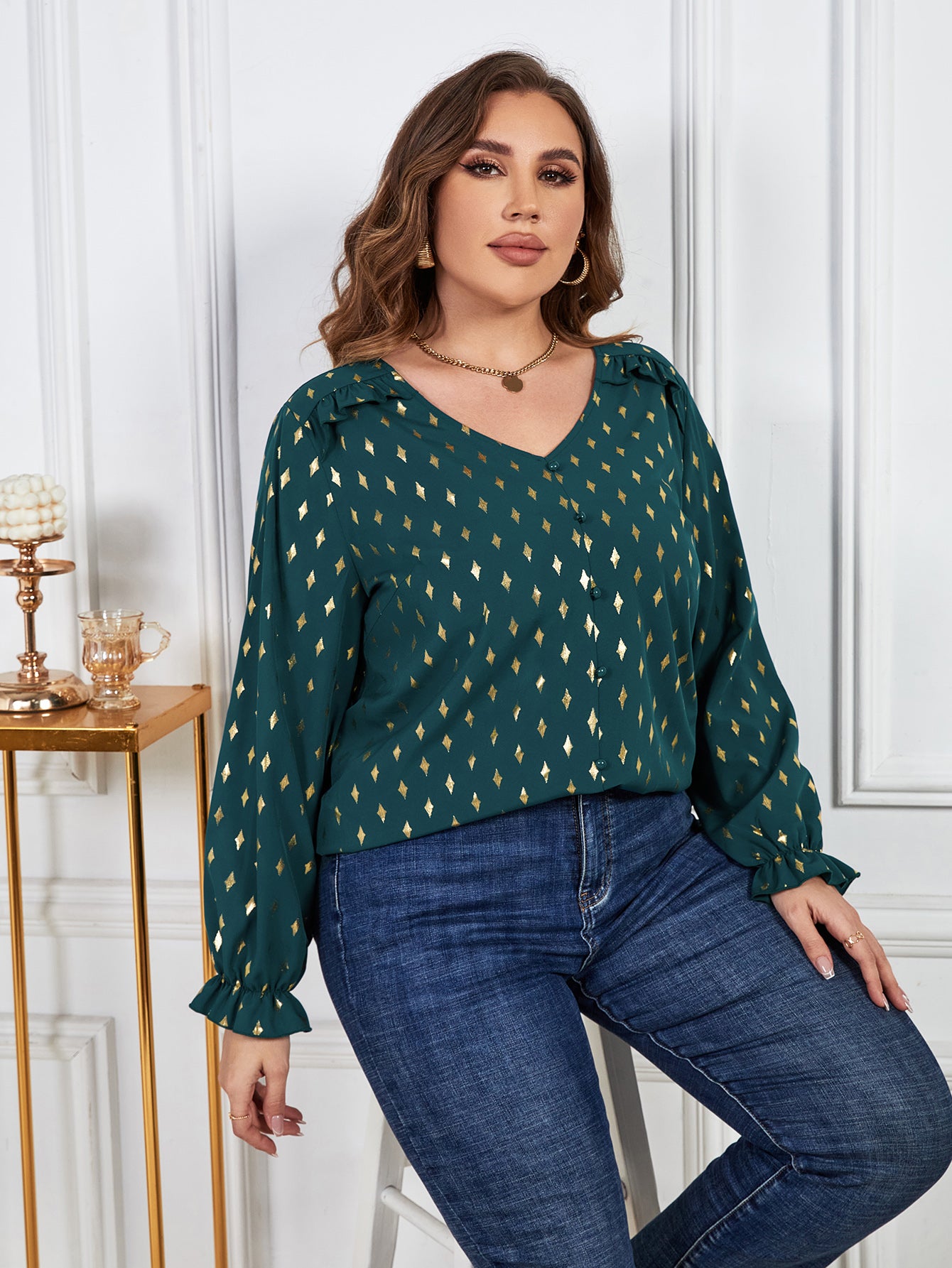 Honey Melo Apparel Plus Size Printed Frill Trim Flounce Sleeve Blouse