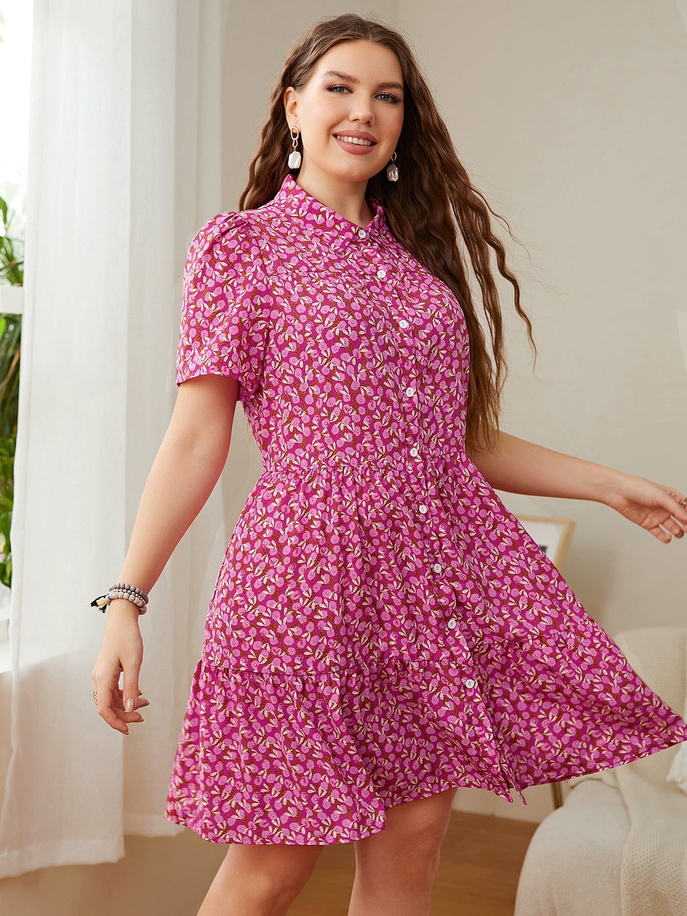 Honey Plus Size Printed Short Sleeve Collared Dress