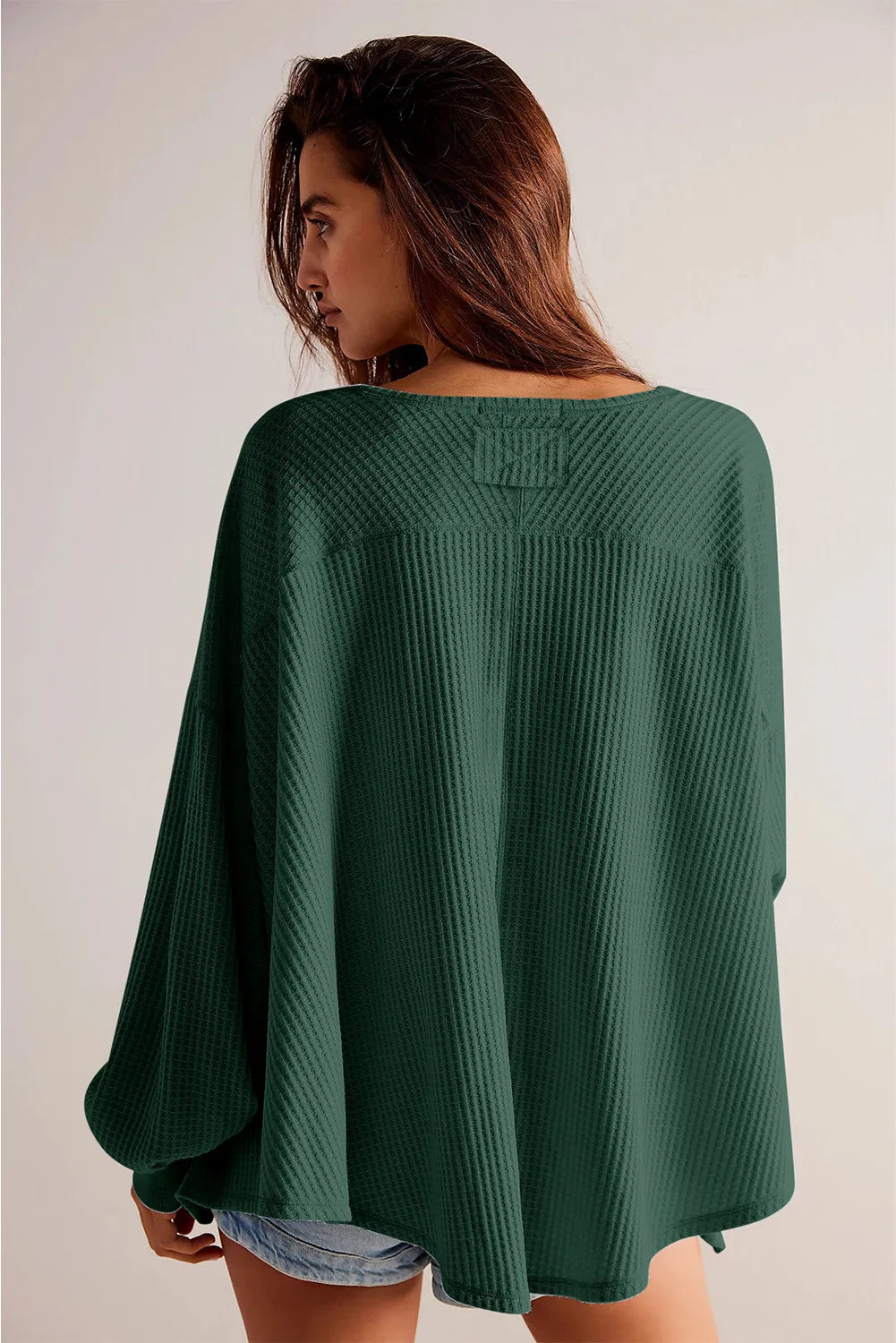 Waffle-Knit V-Neck Long Sleeve Top