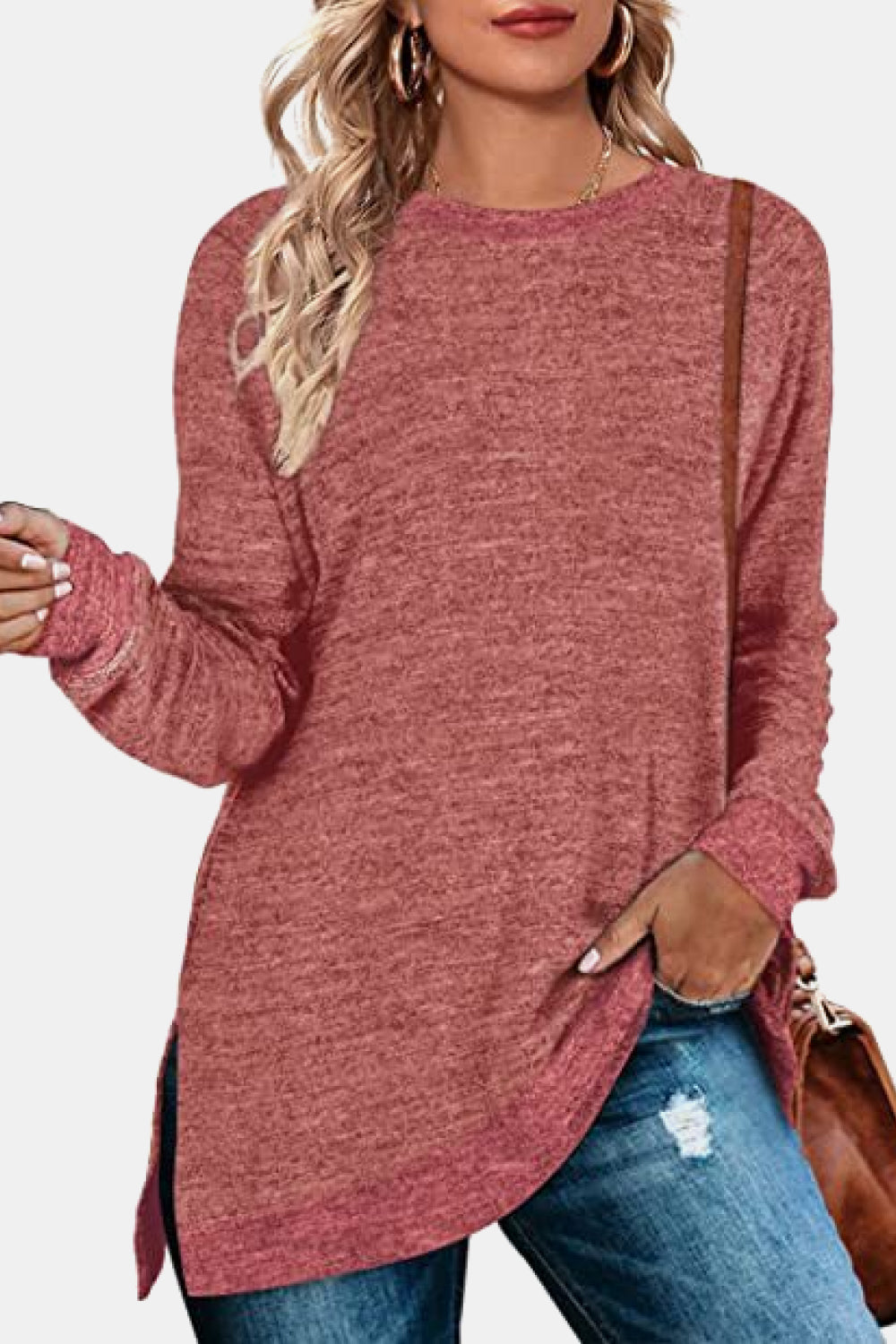 Round Neck Long Sleeve Slit T-Shirt