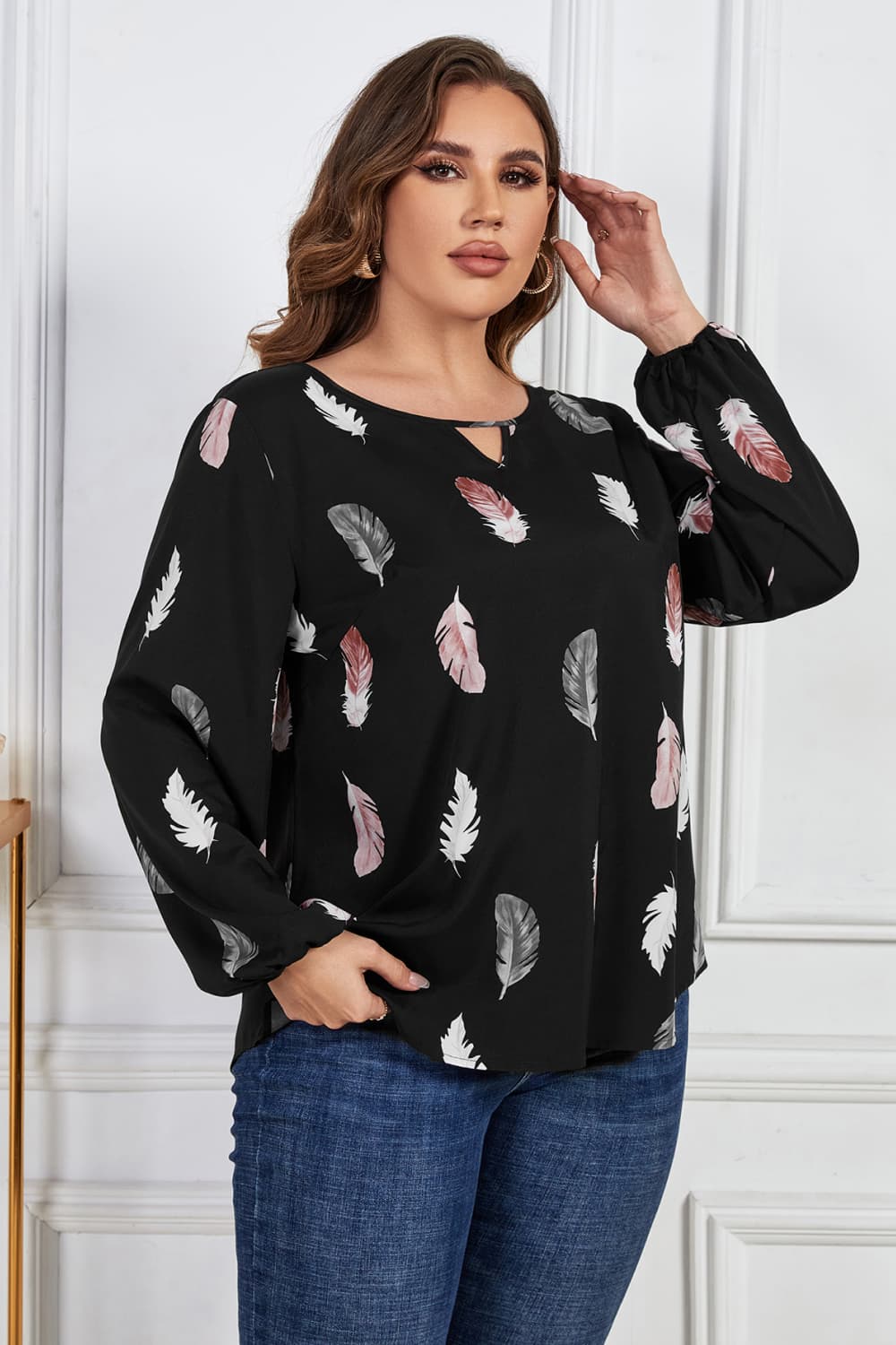 Honey Melo Apparel Plus Size Printed Round Neck Long Sleeve Cutout Blouse