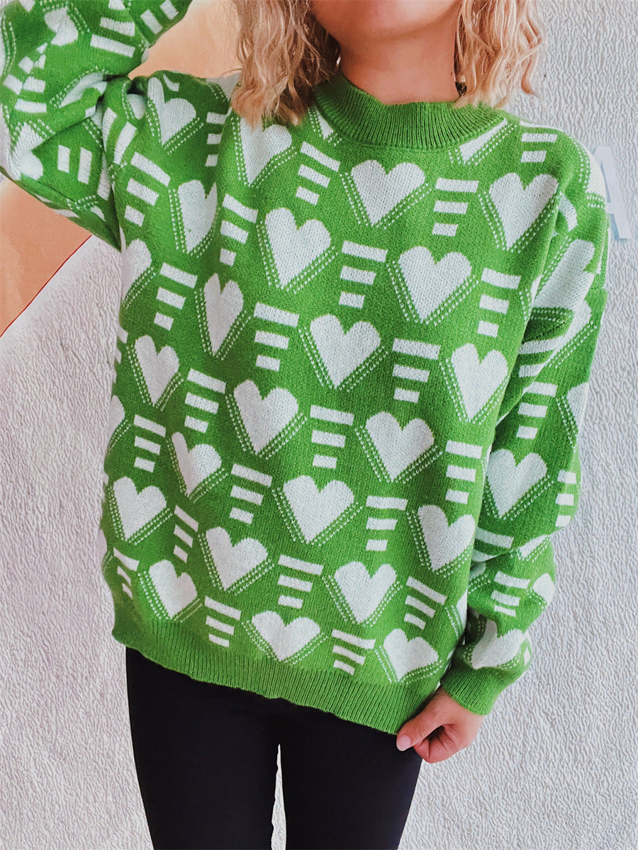 Heart Contrast Long Sleeve Dropped Shoulder Sweater