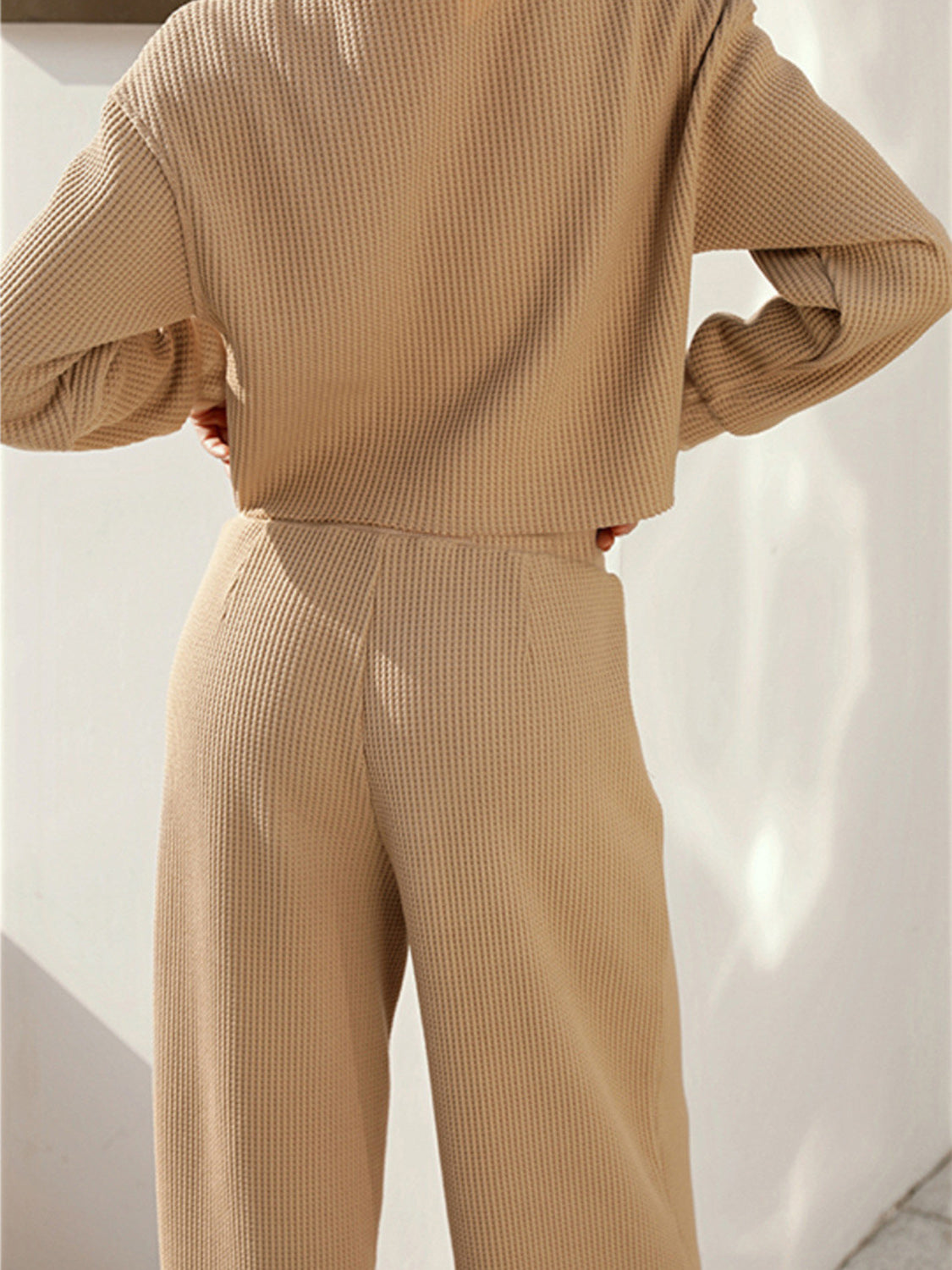 Waffle-Knit Round Neck Top and Pants Set