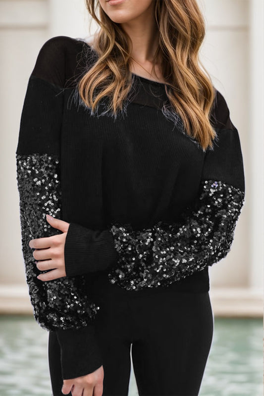 Sequin Boat Neck Long Sleeve Blouse