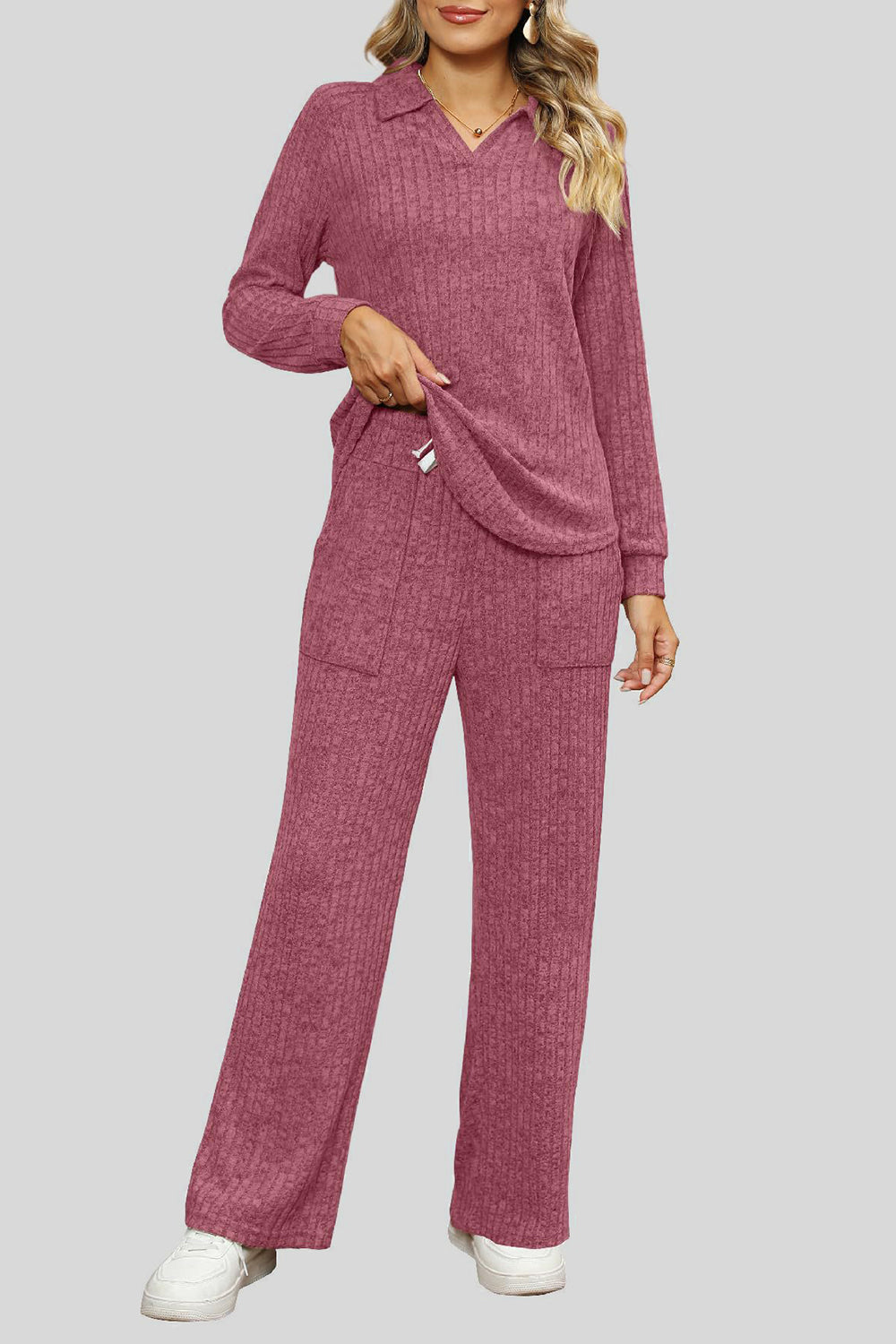 Ribbed Long Sleeve Top and Pocketed Pants Set