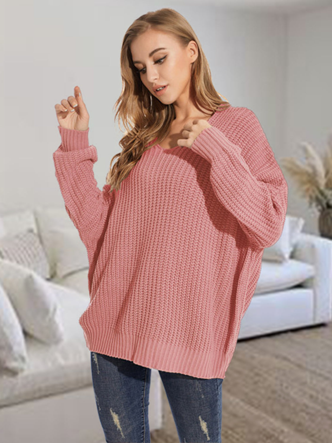 V-Neck Batwing Dropped Shoulder Sweater