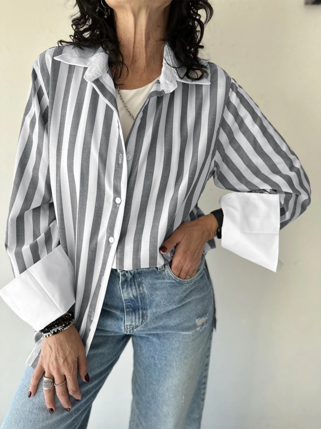 Striped Collared Neck Long Sleeve Shirt