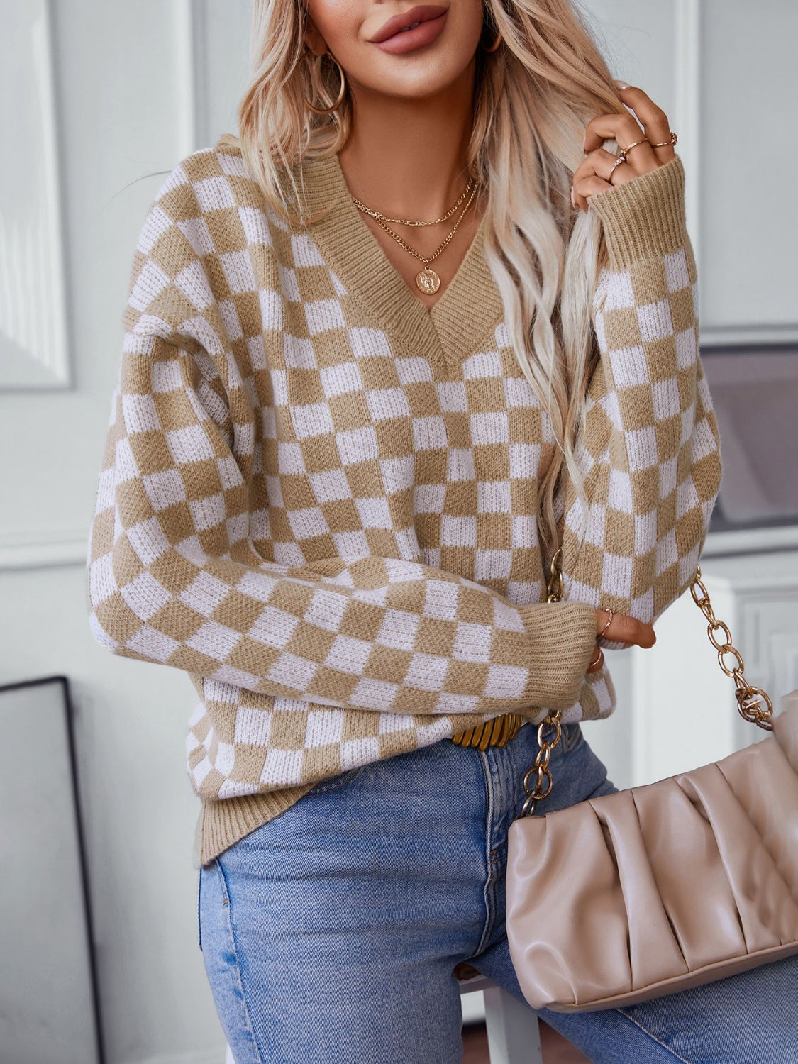 Checkered V-Neck Dropped Shoulder Sweater