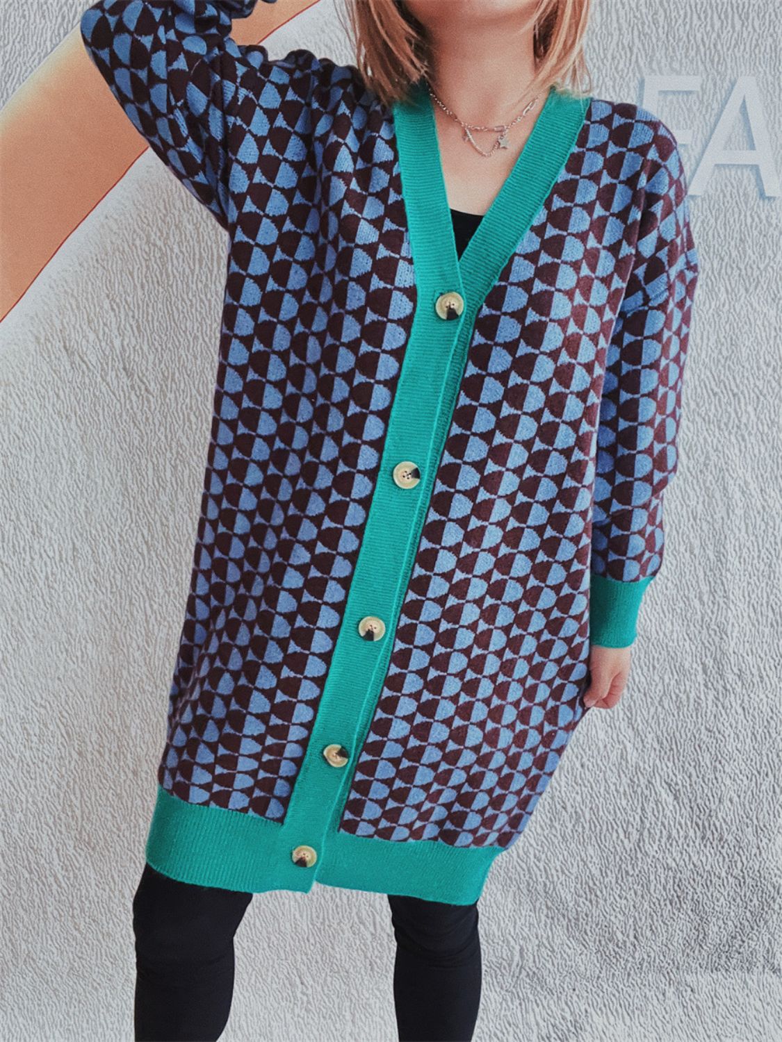 Contrast Trim Geometric Button Down Cardigan