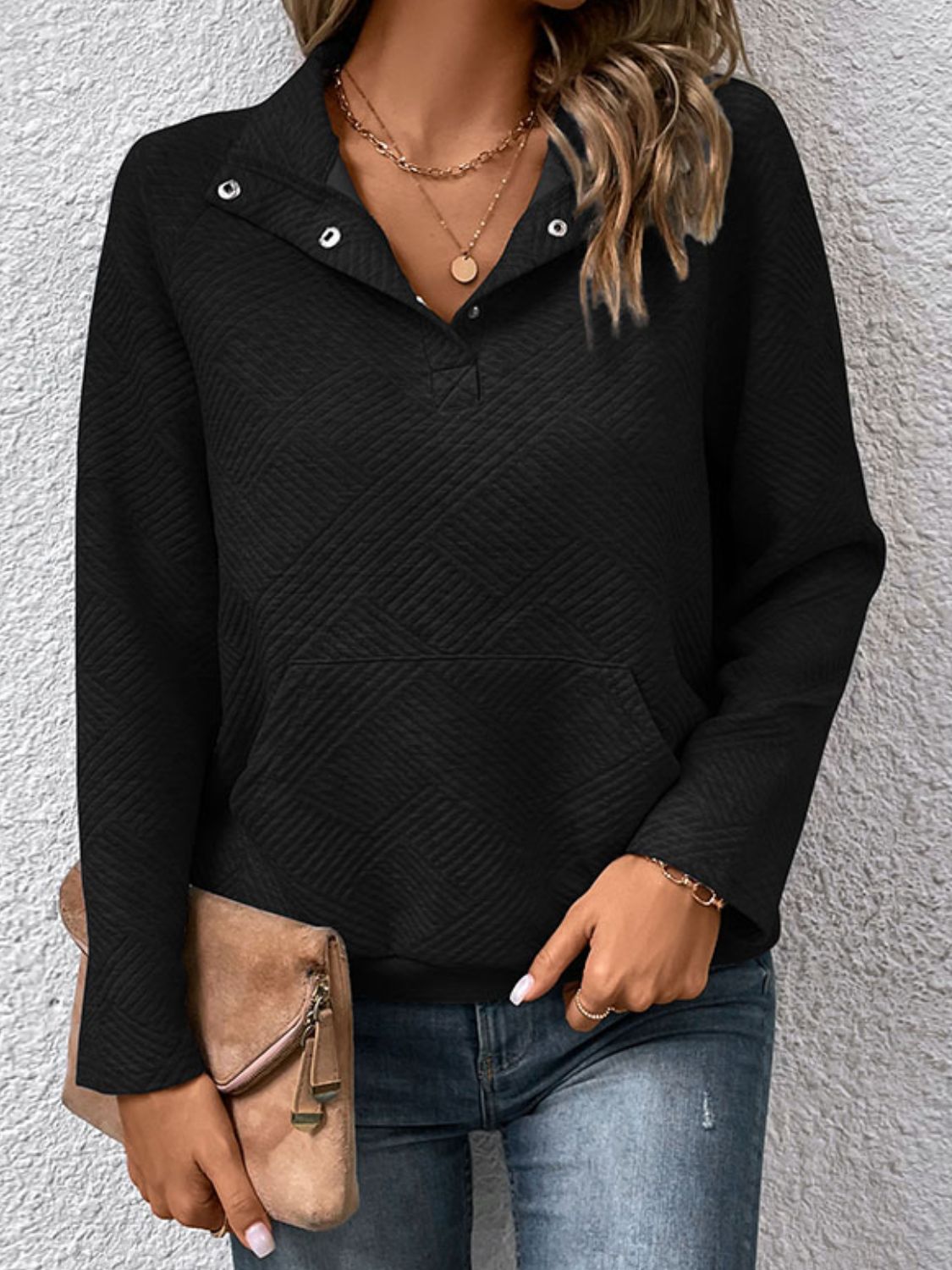 Raglan Sleeve Collared Neck Sweatshirt with Pocket