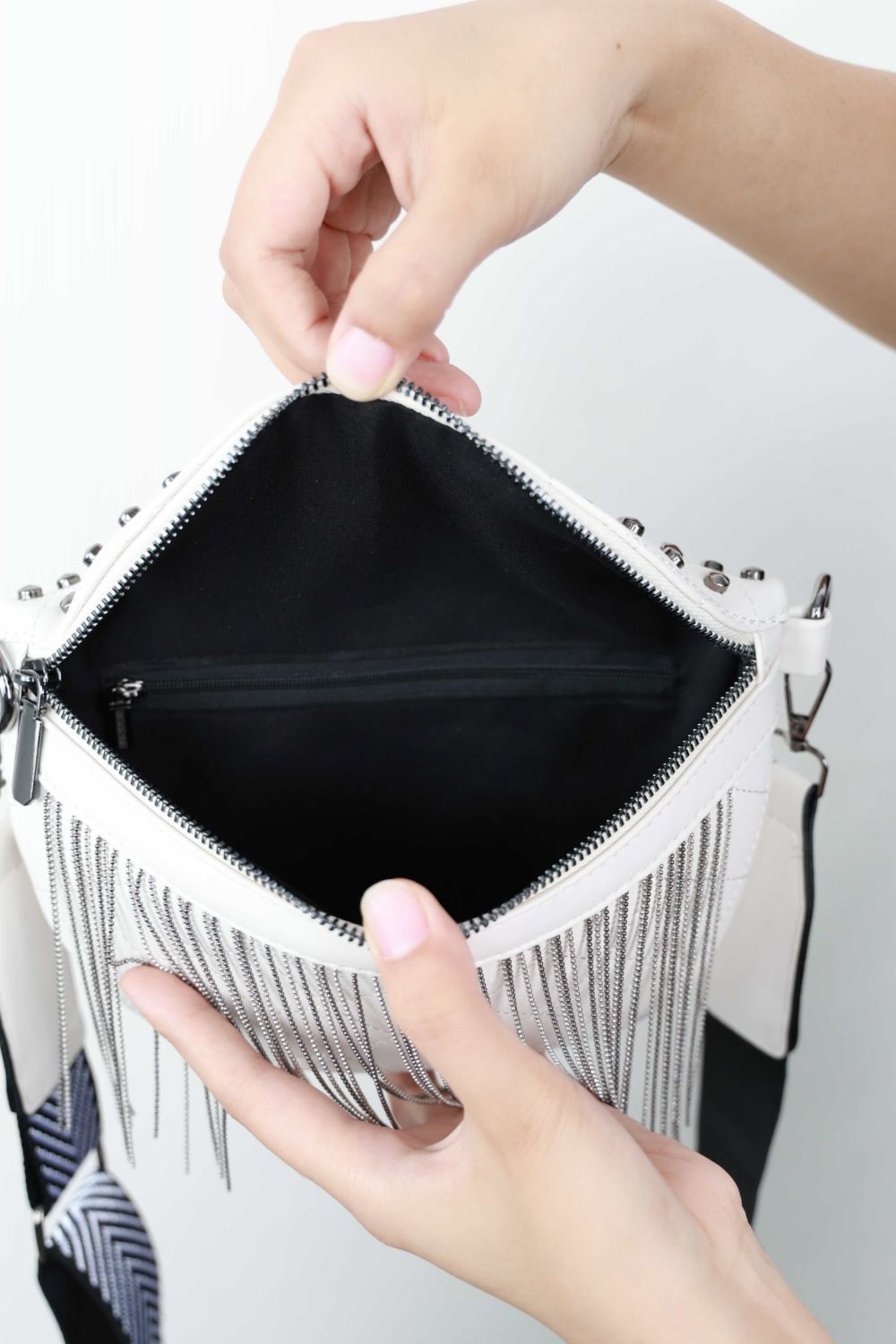 Adored PU Leather Studded Sling Bag with Fringes