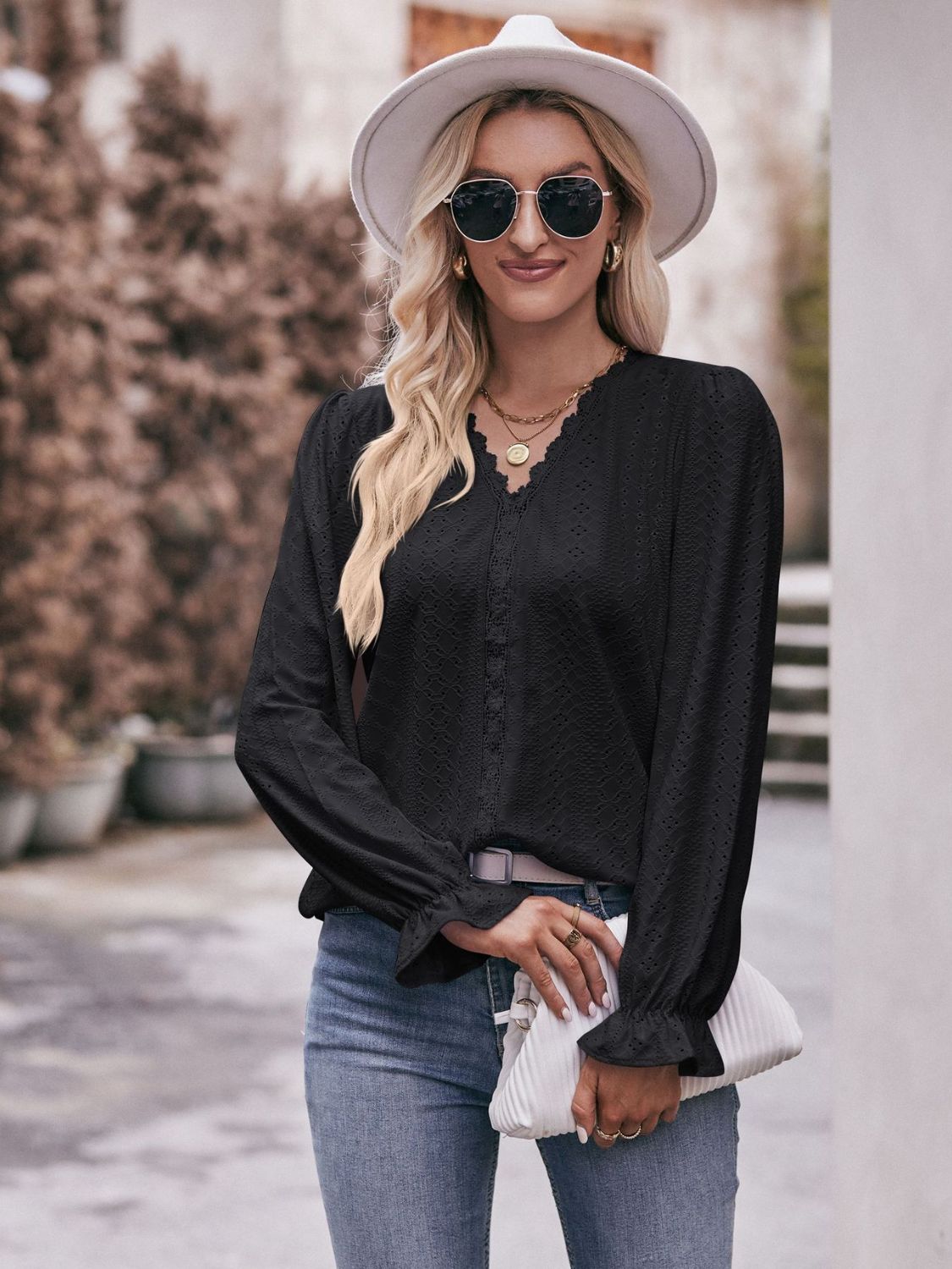 Double Take Eyelet V-Neck Flounce Sleeve Blouse