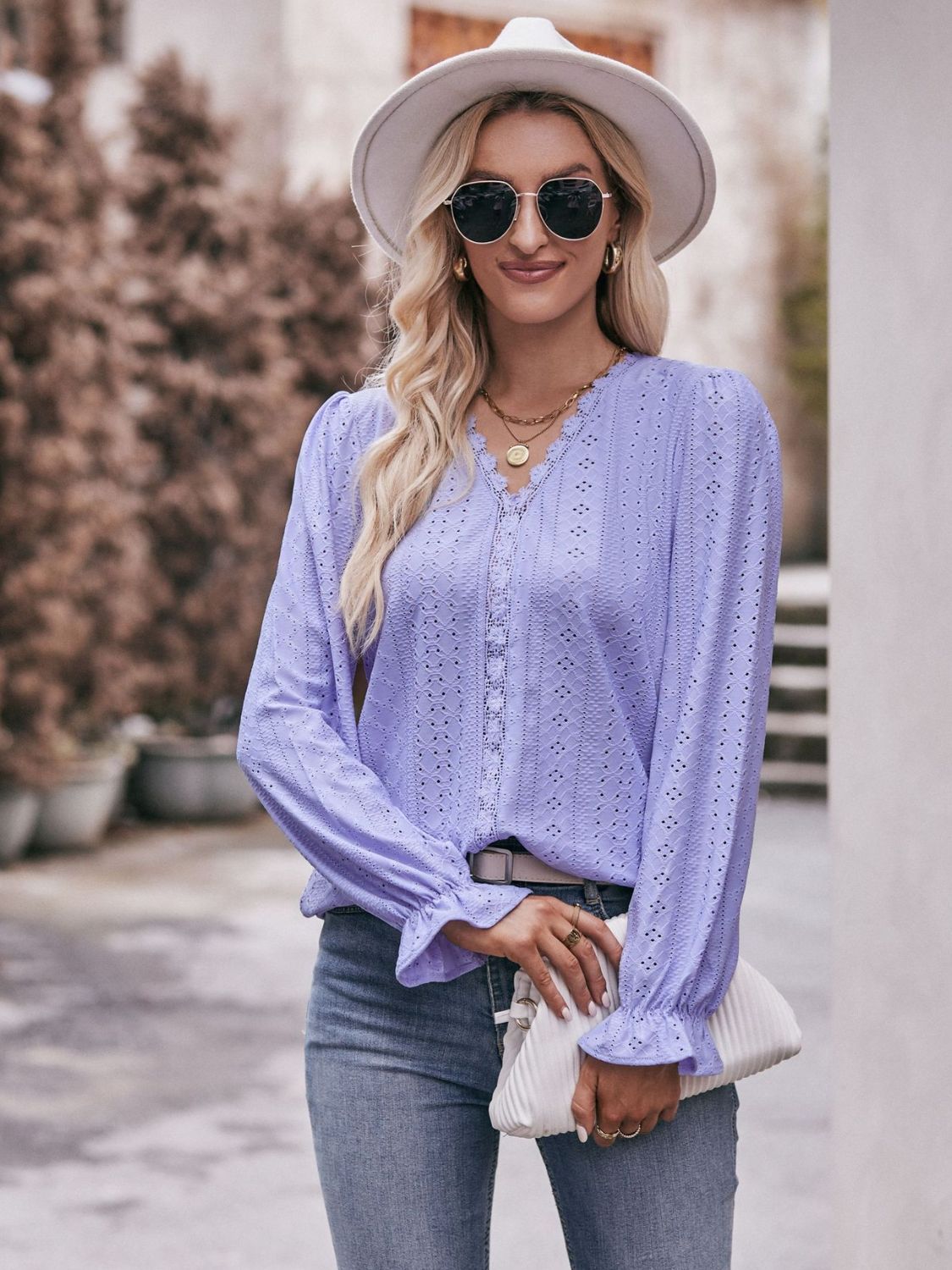 Double Take Eyelet V-Neck Flounce Sleeve Blouse