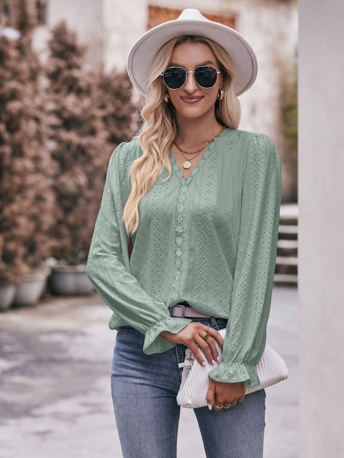 Double Take Eyelet V-Neck Flounce Sleeve Blouse