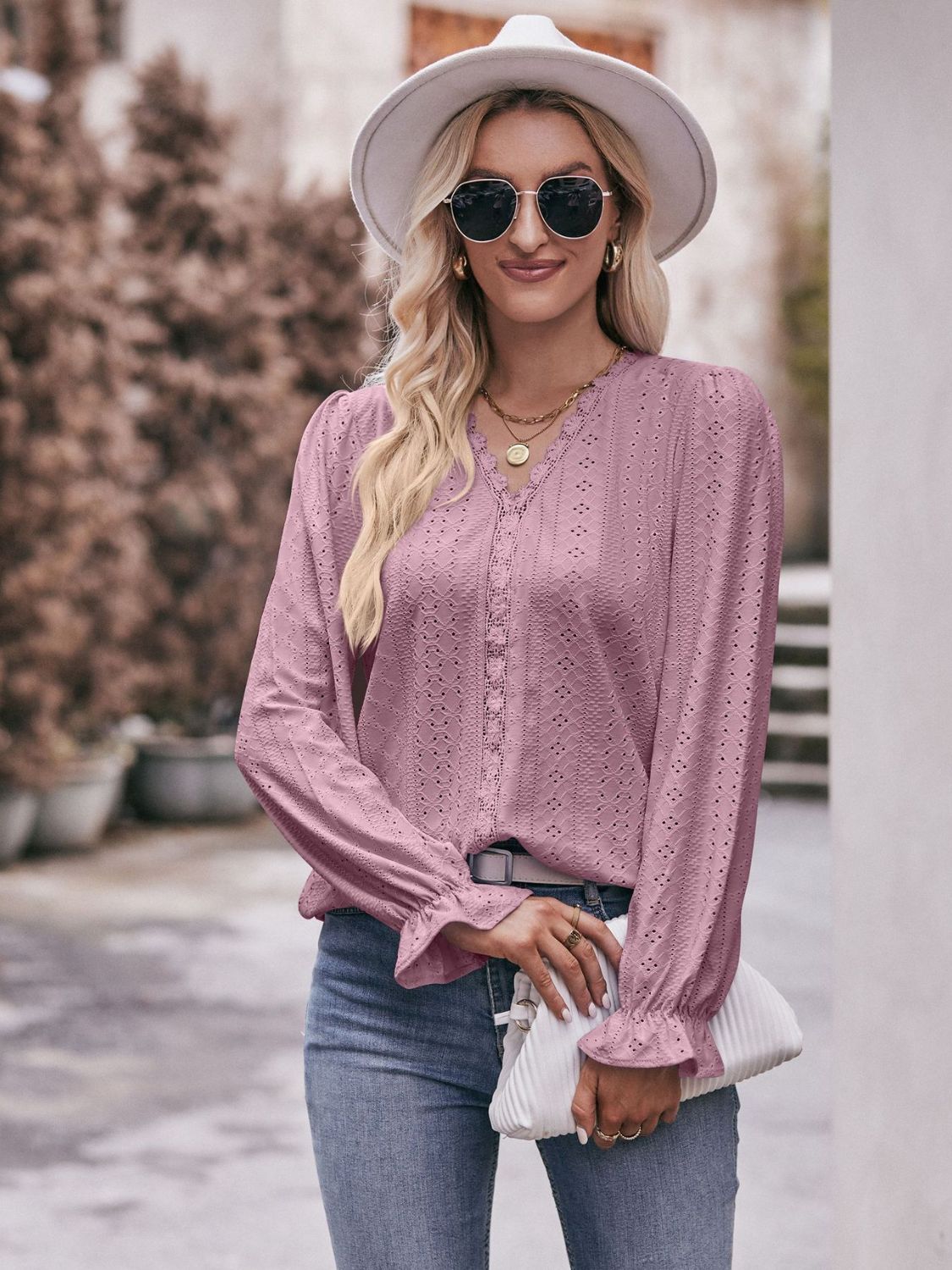 Double Take Eyelet V-Neck Flounce Sleeve Blouse