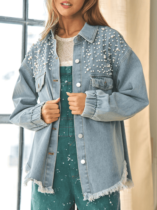 Collared Neck Raw Hem Dropped Shoulder Denim Jacket